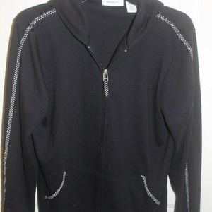 Parisian Works Black Hoodie Polka Dot ribnon trim zip front 2 pockets Small New…